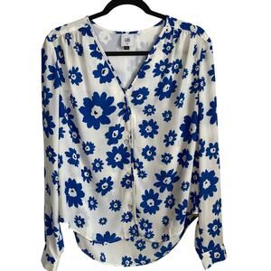 Cabi Florist Blouse Top Blue White Sz M V-Neck Long Sleeve Button Up Cottagecore